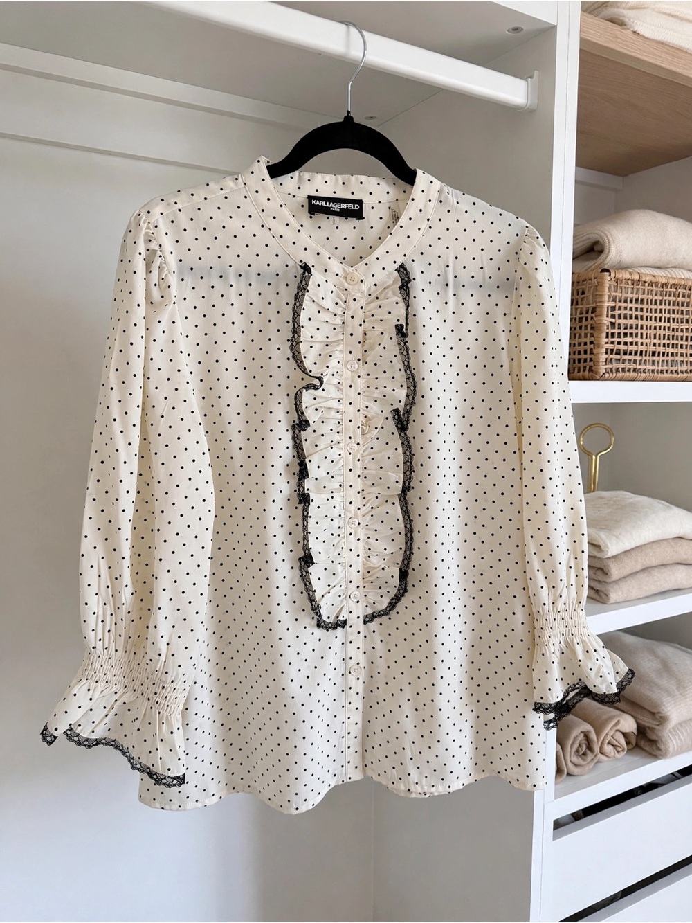 NWOT- KARL LAGERFELD Cream Polka Dot Ruffle Blouse